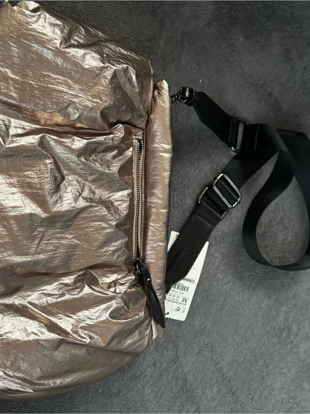 ZARA Metallic Bronze Puffy Crossbody Bag with Black Strap